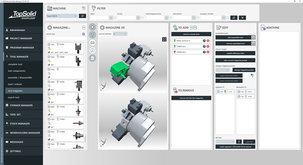 TopSolid’ShopFloor | TOOL MANAGER – 3D Ansicht des Revolvers (IST- und SOLL-Situation für das Umrüsten der Maschine) 