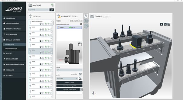 TopSolid'ShopFloor | Gestionnaire de stockage - Visualisation 3D de toutes les zones de stockage (servantes d’atelier, armoires à outils et carrousels verticaux).