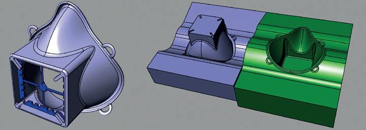 First CAD model and upper and lower halves of the mold. First CAD model and upper and lower halves of the mold.