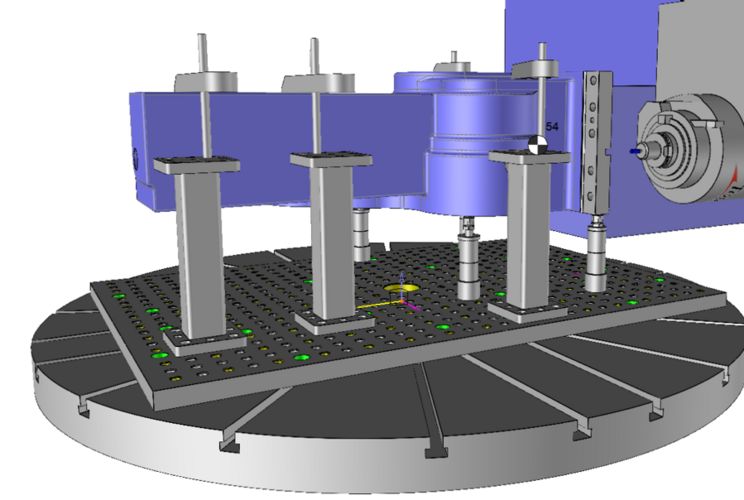 (Maschinenraumsimulation) DMU 200 FD: Der Maschinenraum mit Vorrichtung ist im TopSolid 7 genau nachgebildet, damit die Kollisionsprüfung schon auf dem Rechner erfolgen kann. Das Resultat: Reduktion der Einfahrzeiten und Vermeidung von Kollisionen: eine