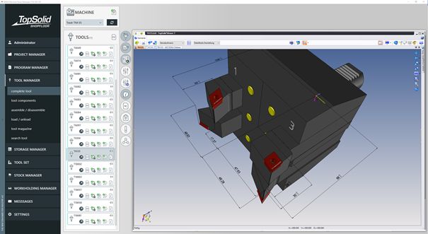 TopSolid'ShopFloor | Gestionnaire d’outils - Ensemble de l'assemblage dans TopSolid'Viewer. Le paquet sera généré automatiquement en arrière-plan.